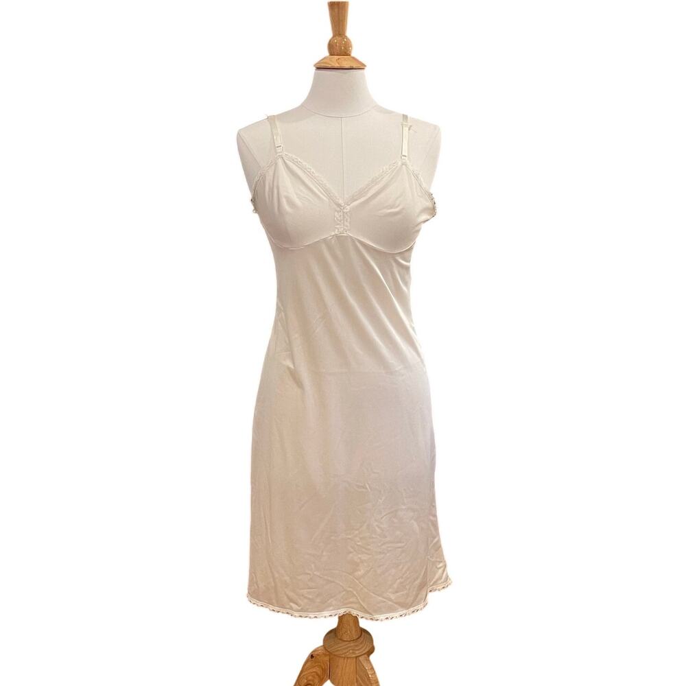 Vintage 80s Sears Ivory Satin Slip Dress, Lace Trim, Minimalist, Size 36, M